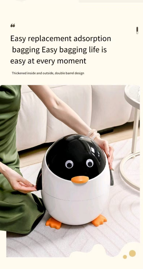 Loute penguin cartoon trash can living room advanced sense family bedroom creative high-end web celebrity with cover garbage can