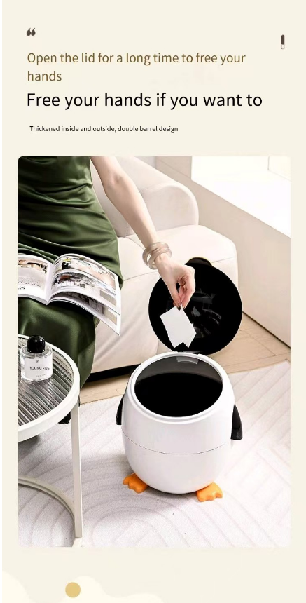 Loute penguin cartoon trash can living room advanced sense family bedroom creative high-end web celebrity with cover garbage can